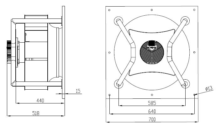 EC無蝸殼離心風機630mm外形尺寸圖